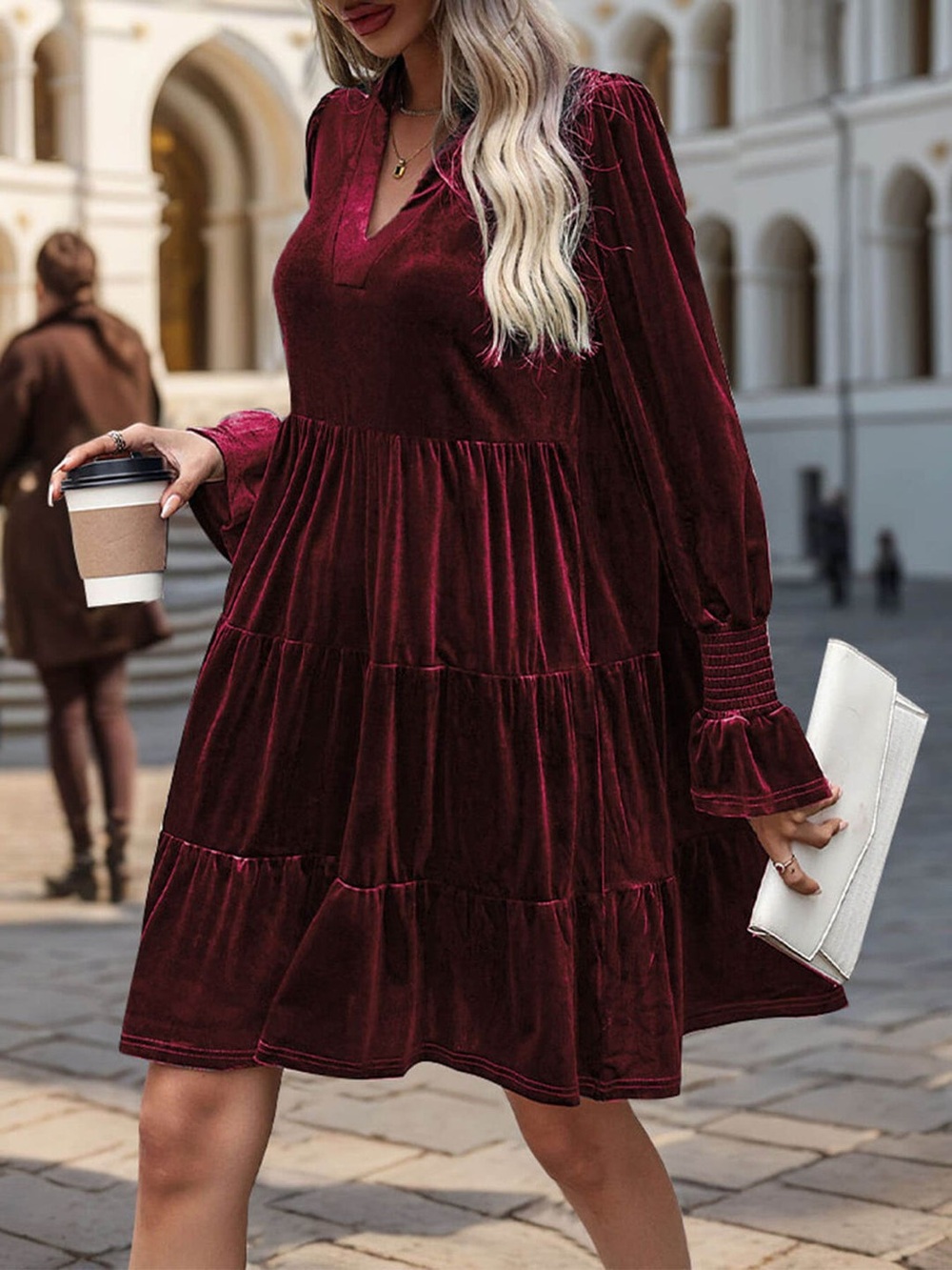 NWT Burgundy Velvet Pleated A-Line Dress Long Sleeve V-Neck Romantic Boho Small